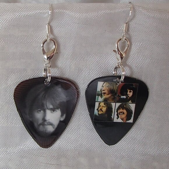 Beatles George Harrison Reversible Convertible Guitar Pick Zipper-Pull Earrings - Picture 1 of 6